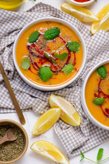 Traditional Turkish Vegan Red Lentil   veggy soup .style rustic