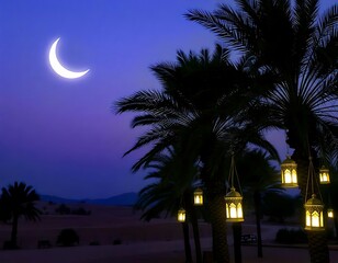 Obraz premium Desert Night Scene Palm Trees Crescent Moon Lanterns