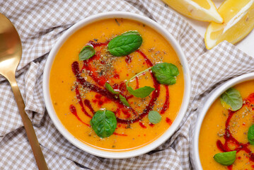 Traditional Turkish Vegan Red Lentil   veggy soup .style rustic