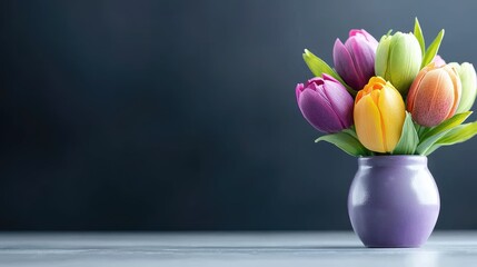 Obraz premium Colorful tulips in vase on table, dark background; spring greeting card