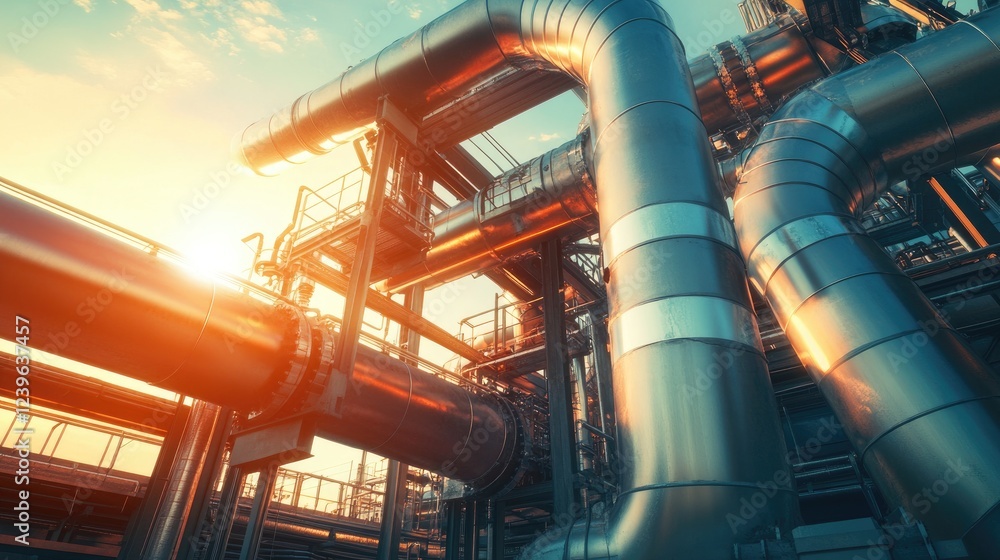 Poster a detailed industrial pipeline system with bold technical features and striking colors, set in a hig