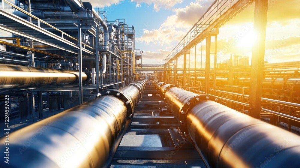 Aufkleber a detailed industrial pipeline system with bold technical features and striking colors, set in a hig