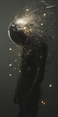Dark silhouette astronaut space suit, exploding head, Conceptual representation of mind transformation or psychological breakdown.