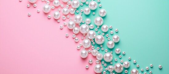 Delicate cascading pearls set against a soft pastel green and pink background, creating a minimalistic and elegant composition with high resolution and intricate details.