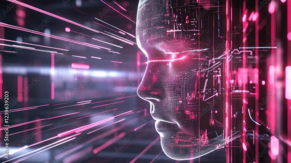 Poster artificial intelligence futuristic face with digital connection and data flow concept