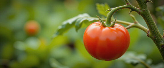 Ripe red tomato on lush green vine exuding freshness and vitality amidst vibrant garden foliage