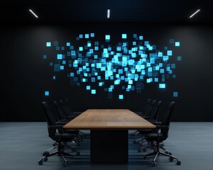 A meeting room with holographic displays for data.