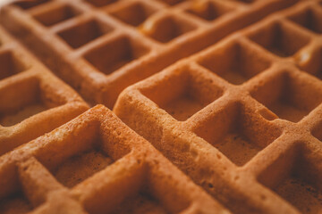 Golden-brown crispy waffles in a close-up shot. Detailed texture with a crisp outer layer and soft interior. Freshly baked breakfast food with a warm and inviting appearance