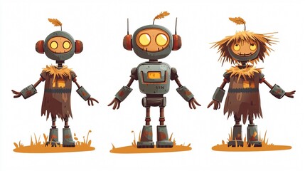 Futuristic Cyborg with Scarecrow Buddies in an Autumnal Setting: A Blend of Technology and Nature