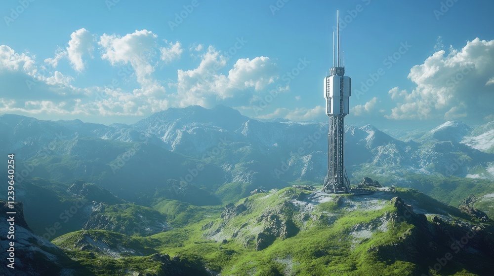 Aufkleber a futuristic telecom tower set in the center of a green valley, under a crisp blue sky, representing
