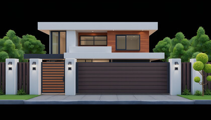 Modern house with fence and automatic Sliding Gate. 3D illustration , with white tonespng