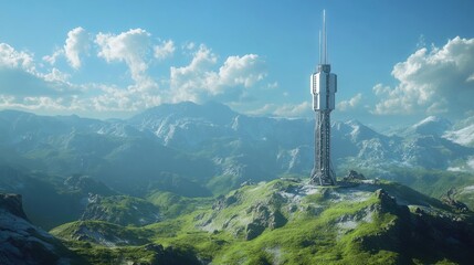 Obraz premium A futuristic telecom tower set in the center of a green valley, under a crisp blue sky, representing the fusion of high-tech innovation and natural landscapes.