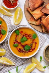 Traditional Turkish Vegan Red Lentil   veggy soup .style rustic