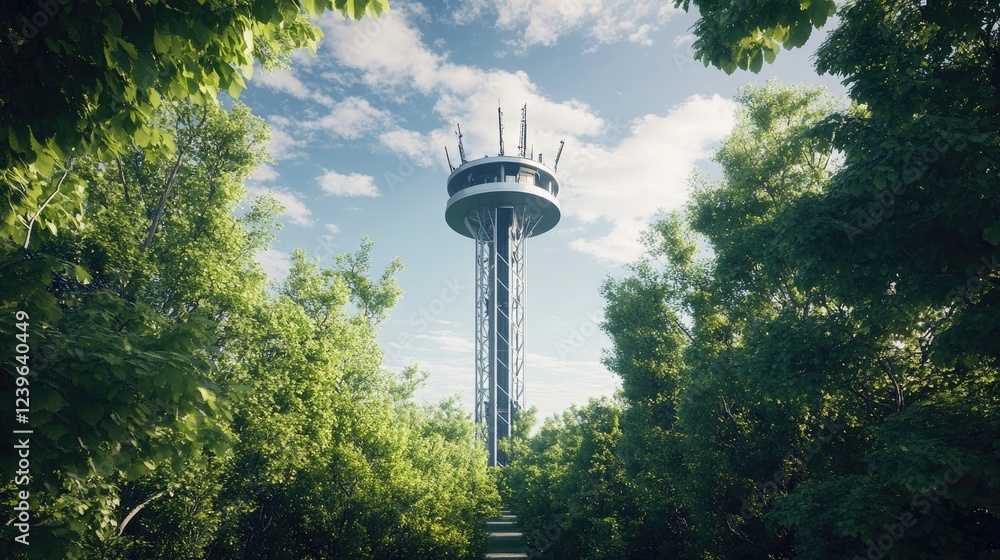 Aufkleber a futuristic telecom tower stands tall, framed by rich green trees and an expansive sky, embodying t