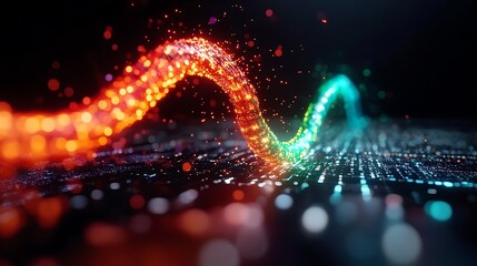 Colorful wave of digital particles flowing over a dark background, creating a vibrant visual effect