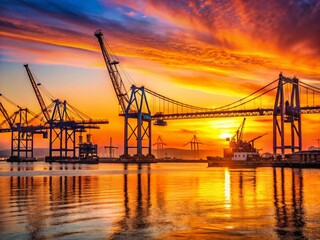 Obraz premium Cranes and 25 April Bridge in Lisbon Port Silhouette