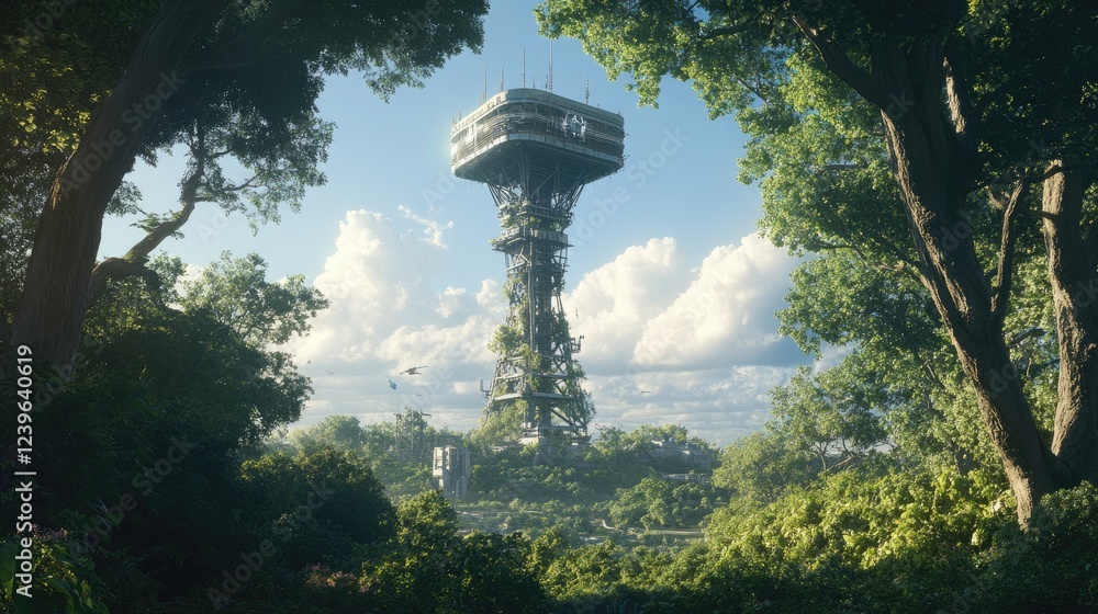Aufkleber a futuristic telecom tower stands tall, framed by rich green trees and an expansive sky, embodying t