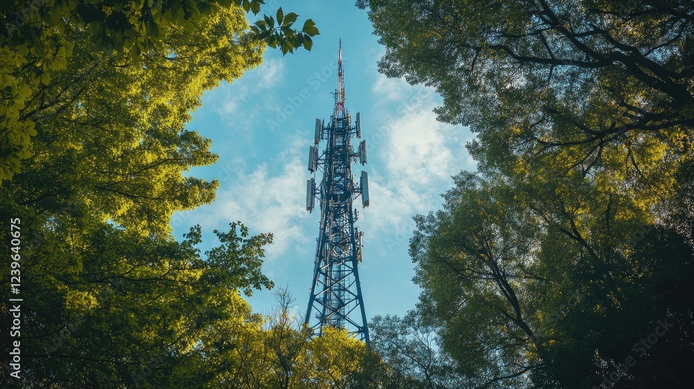 Poster a futuristic telecom tower stands tall, framed by rich green trees and an expansive sky, embodying t