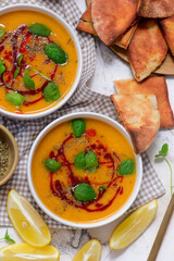 Traditional Turkish Vegan Red Lentil   veggy soup .style rustic