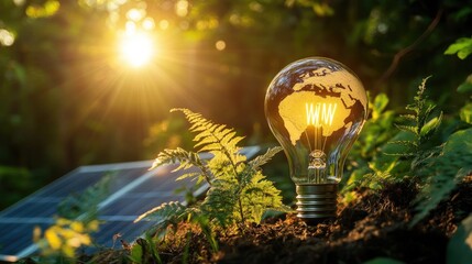 A glowing light bulb containing a globe, surrounded by lush trees and solar panels, symbolizing the future of renewable energy in harmony with nature.