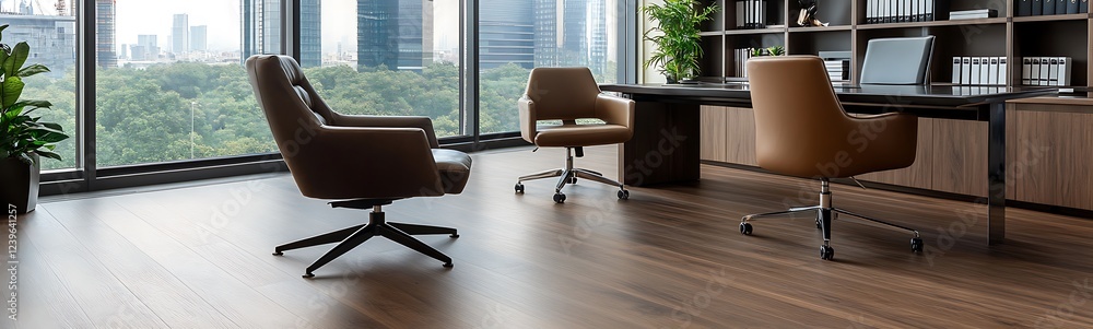 Aufkleber high-end office space featuring rich caramel tones and modern design elements in an elegant setting.