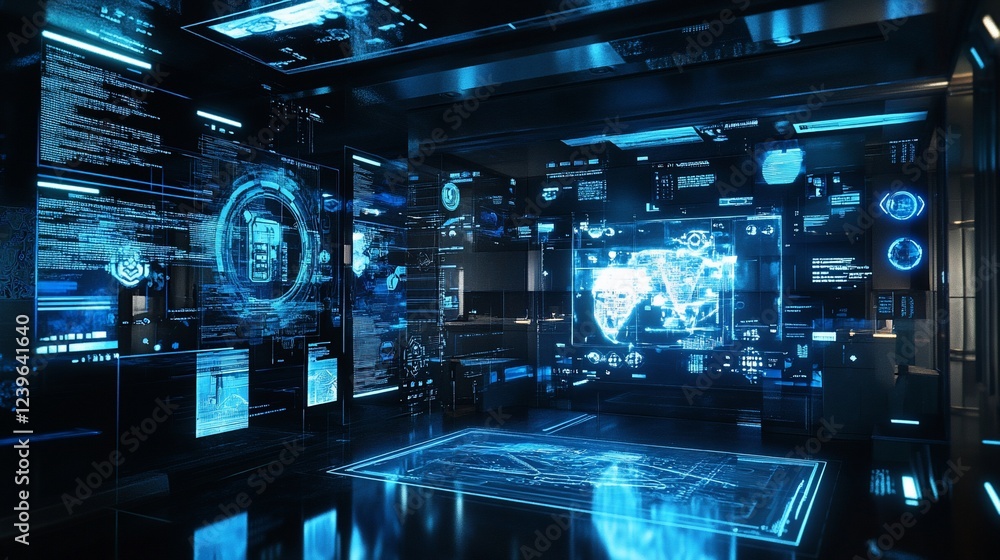 Poster futuristic control room with digital screens displaying data and world map
