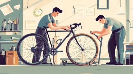 Obraz premium Two mechanics repairing a bicycle in a workshop.