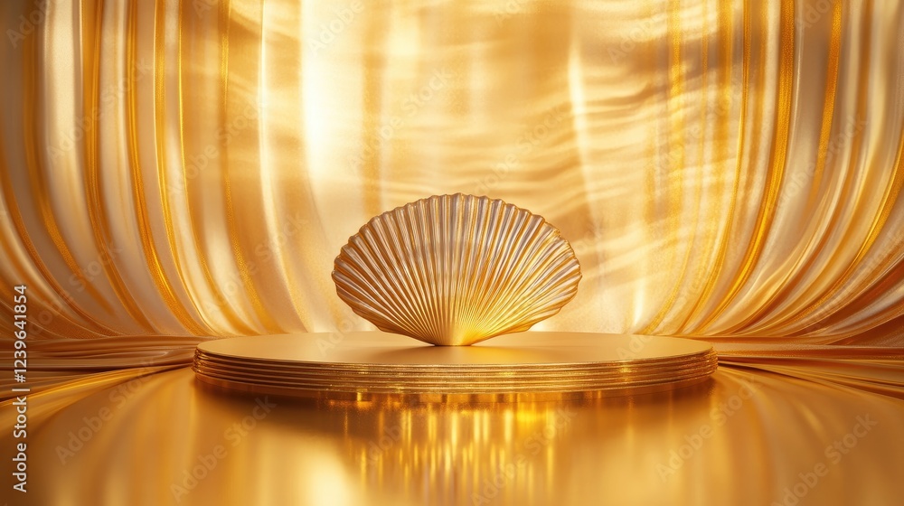 Poster a gold podium with a shell motif, surrounded by golden light reflections, creating an opulent and et