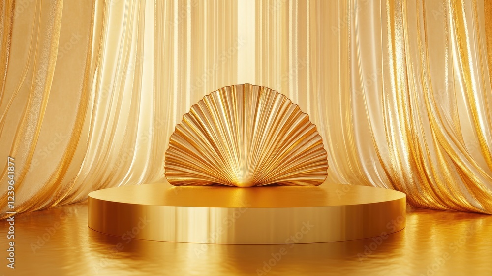 Poster a gold podium with a shell motif, surrounded by golden light reflections, creating an opulent and et