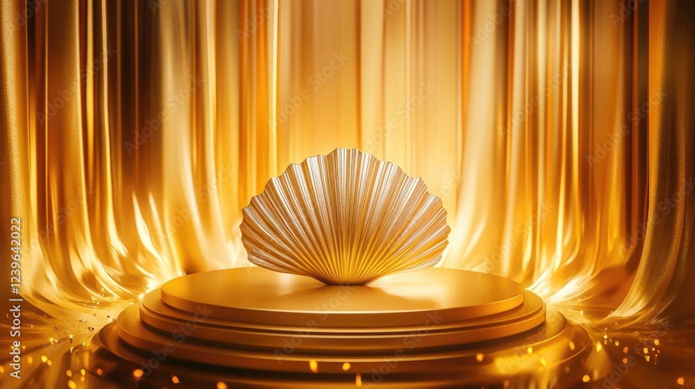 Poster a gold podium with a shell motif, surrounded by golden light reflections, creating an opulent and et