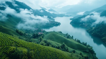 Obraz premium Tea gardens, mountains, and clear waters