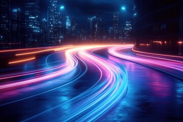Fototapeta premium Night cityscape with vibrant light trails on wet road