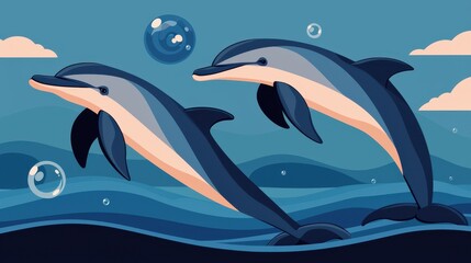 Fototapeta premium Playful Dolphins Swimming Together in an Artistic Ocean Scene