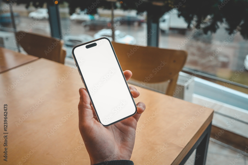 Poster hand holding a smartphone with a blank white screen over a wooden table indoors. perfect for mockups