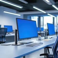 Naklejka premium A modern workspace with smart screens for collaboration.