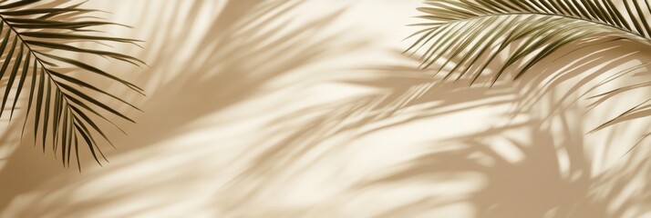 Soft, gentle shadows of lush palm leaves gracefully dance and sway on a warm, sandy beige background, evoking a truly serene summer vibe that is perfect for relaxation and cherished vacation memories