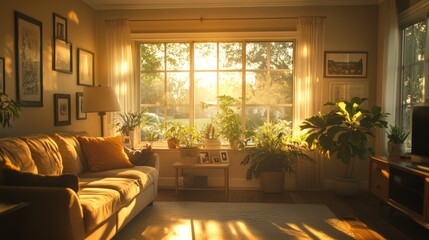 Fototapeta premium Serenity in Sunlit Living Room with Cozy Sofa and Abundant Greenery for a Warm and Inviting Home Environment