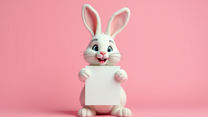 Obraz premium Cute bunny holding blank sign, Easter greeting invitation card, illustration isolated against solid pink background