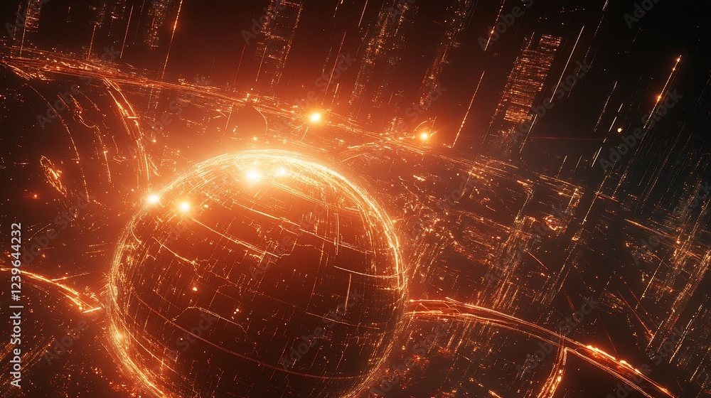 Poster glowing interconnected networks and sphere creating a sense of advanced technology
