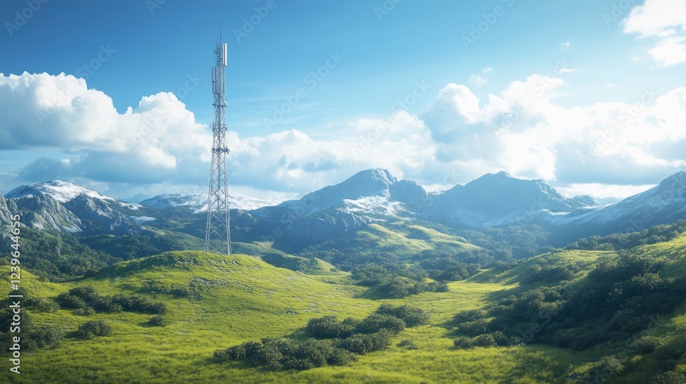 Aufkleber a high-speed telecom tower in the center of a lush green valley under a clear blue sky, showcasing t