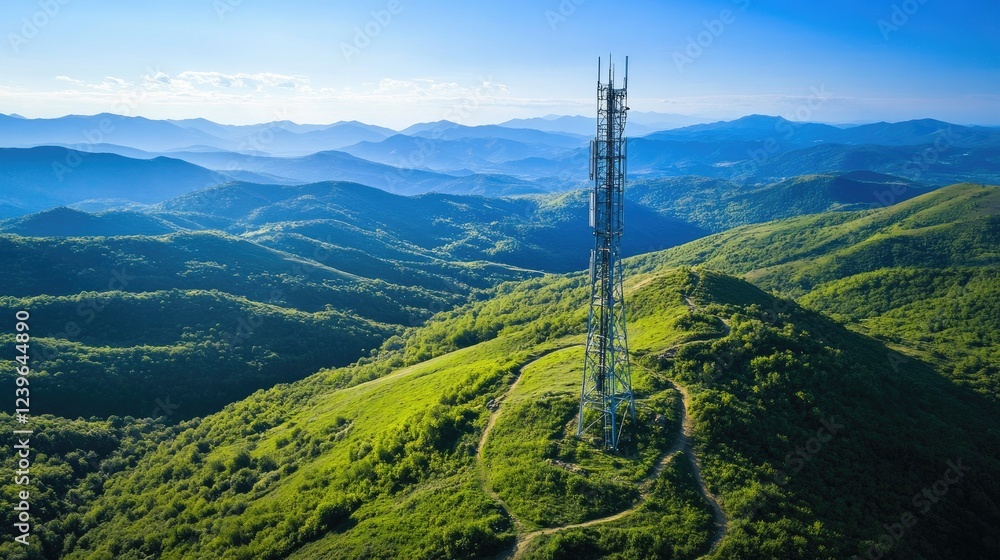 Aufkleber a high-speed telecom tower in the center of a lush green valley under a clear blue sky, showcasing t