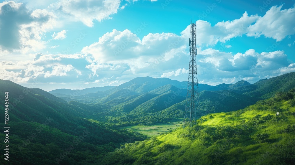 Aufkleber a high-speed telecom tower placed in a lush valley, framed by a bright blue sky, symbolizing the adv