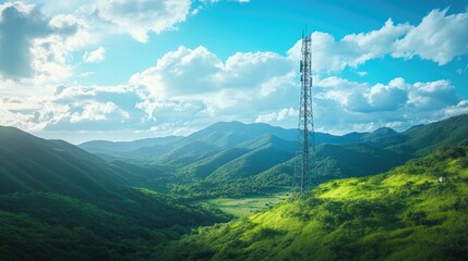 Obraz premium A high-speed telecom tower placed in a lush valley, framed by a bright blue sky, symbolizing the advanced technology flourishing in harmony with nature.