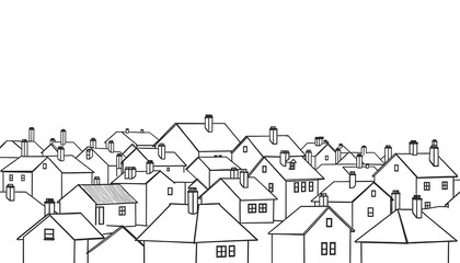 Group of houses, town, roofs and chimneys, black contour drawing, vector conceptual illustration , with white tonespng