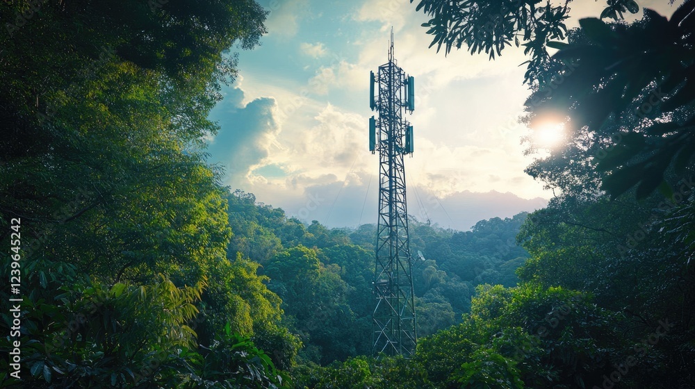 Aufkleber a high-tech telecom tower framed by lush greenery under an ever-changing sky, reflecting the fusion 