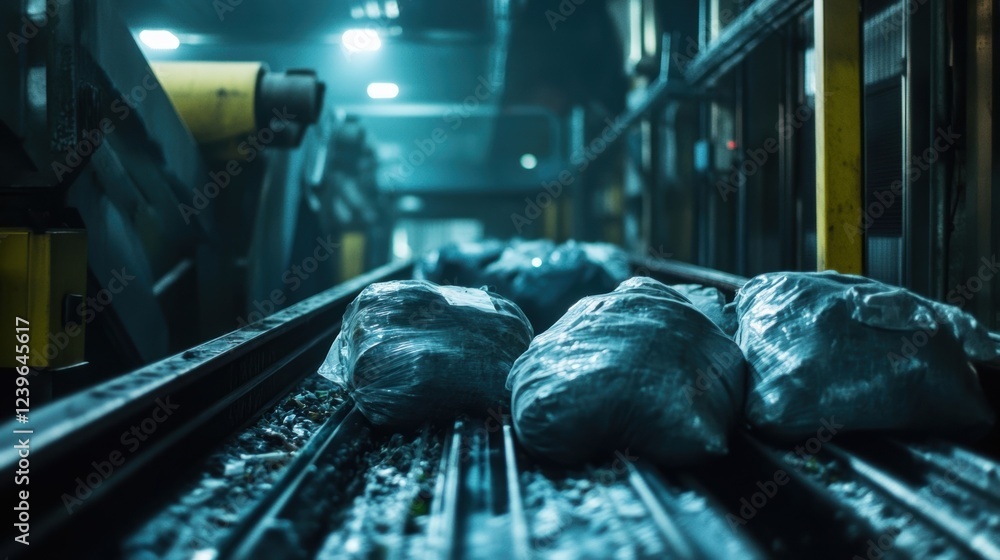 Poster a medium closeup of a conveyor system where large bags of recyclables are being od with aidriven mac