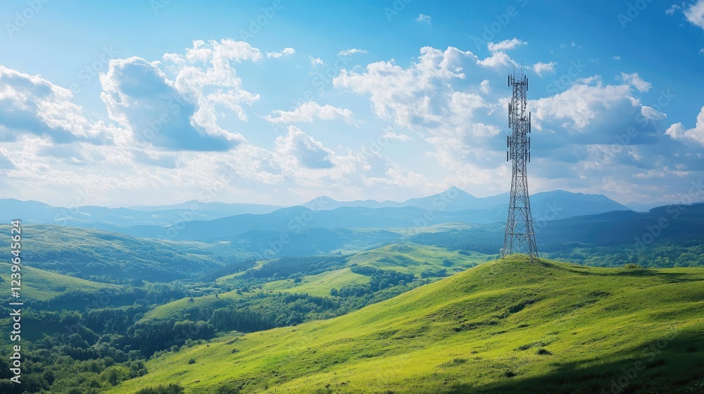 Aufkleber a high-speed telecom tower in the center of a lush green valley under a clear blue sky, showcasing t