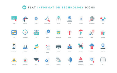 Naklejka premium Information technology, network cybersecurity and tech support with AI, hardware color icon set. Server hosting, software code and game development, data exchange flat elements vector illustration