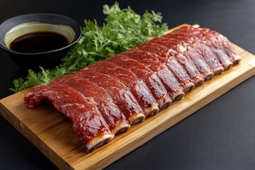 Marinated Pork Ribs on Wooden Board with Dark Background