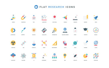 Science research, AI automation and equipment in scientific laboratory color icon set. Analysis and structure, medical and chemical study of scientist, engineering flat elements vector illustration